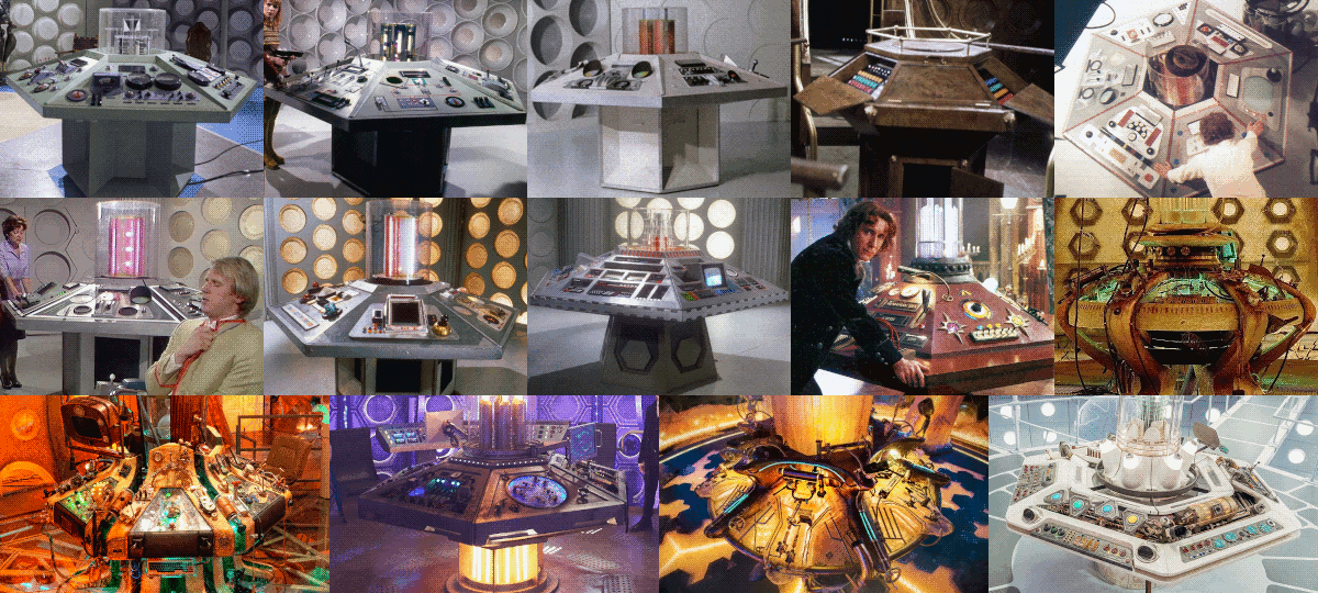 Grid of twelve TARDIS console photographs