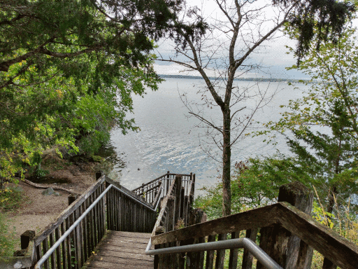 zigzagging wood board staircase by the lake