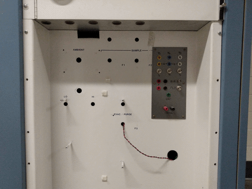 The concave interior of the chassis's lower right-hand side. There are a bunch of holes, some of them labeled, and a twisted pair of red and black wires running from a smaller to larger hole. At top right there is a vertical rectangular metal plate with a bunch of colored, labeled sockets.